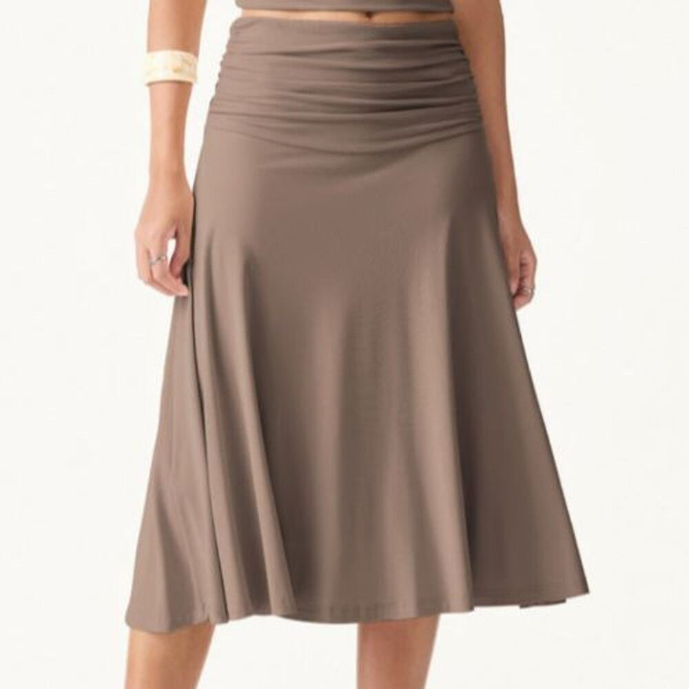 OGL Eco-SkinKiss Flowy Side Ruched A-line Midi Skirt Iced Mocha Size Large